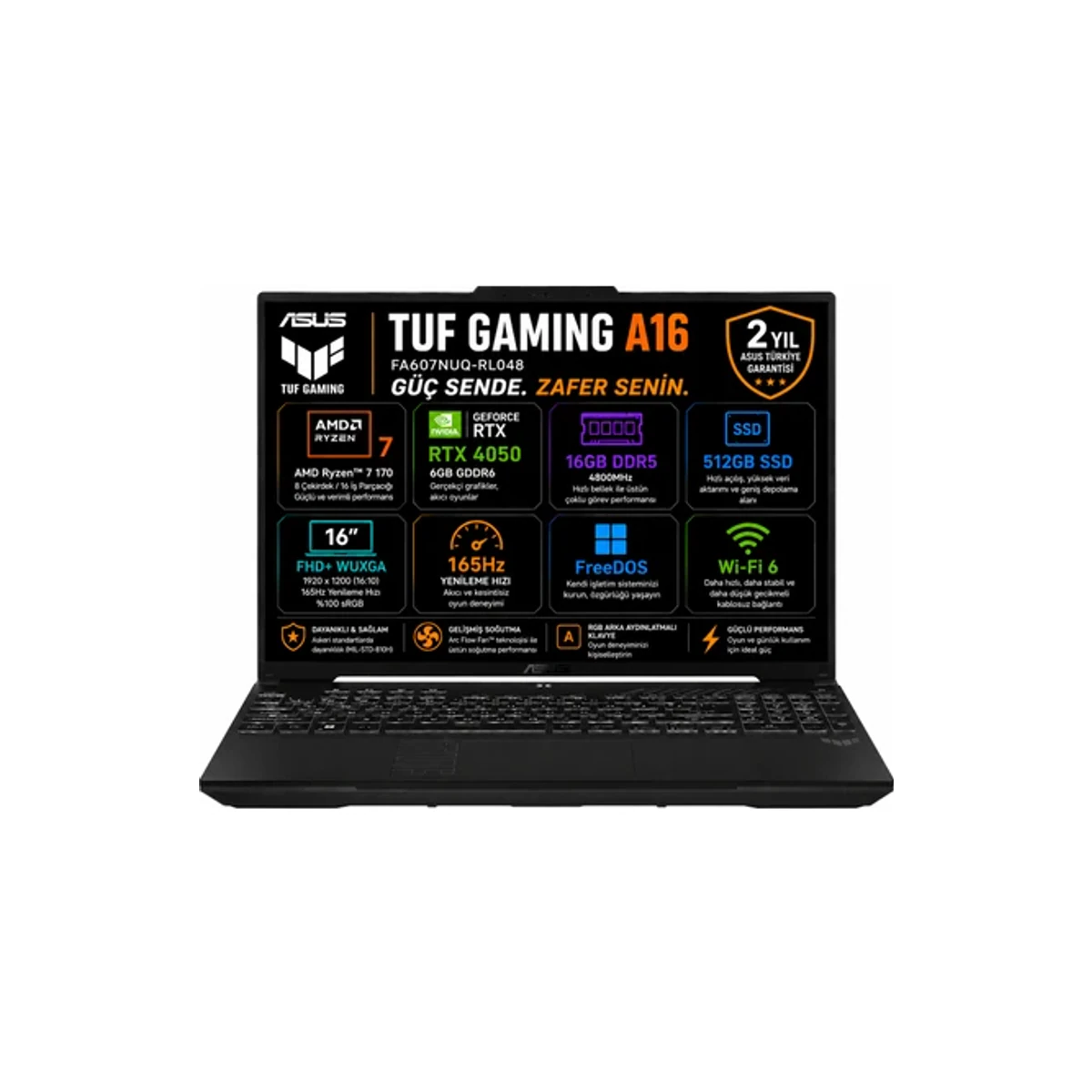 Asus TUF Gaming A16 FA607NUQ-RL048 AMD Ryzen 7 170 16GB 512GB SSD RTX4050 Freedos 16