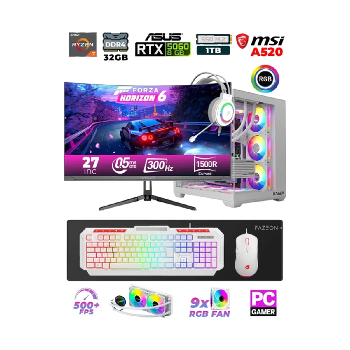 Xaser Sword X55 R7-5700X 32GB Ram /1TB M.2 SSD/ASUS 8GB RTX5060/ 27" 300Hz Sıvı soğutmalı Masaüstü Oyuncu Bilgisayarı
