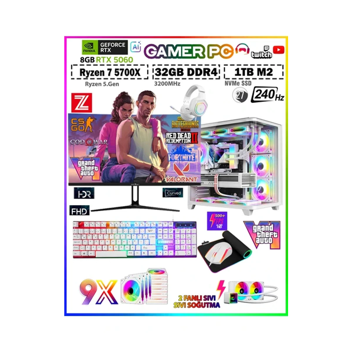 Zeiron Warrior Eagle X55 White Pro Ryzen 7 5700X 32GB 1TB M.2 SSD RTX5060 27" 240Hz Sıvı Soğutmalı Premium Oyuncu Bilgisayar