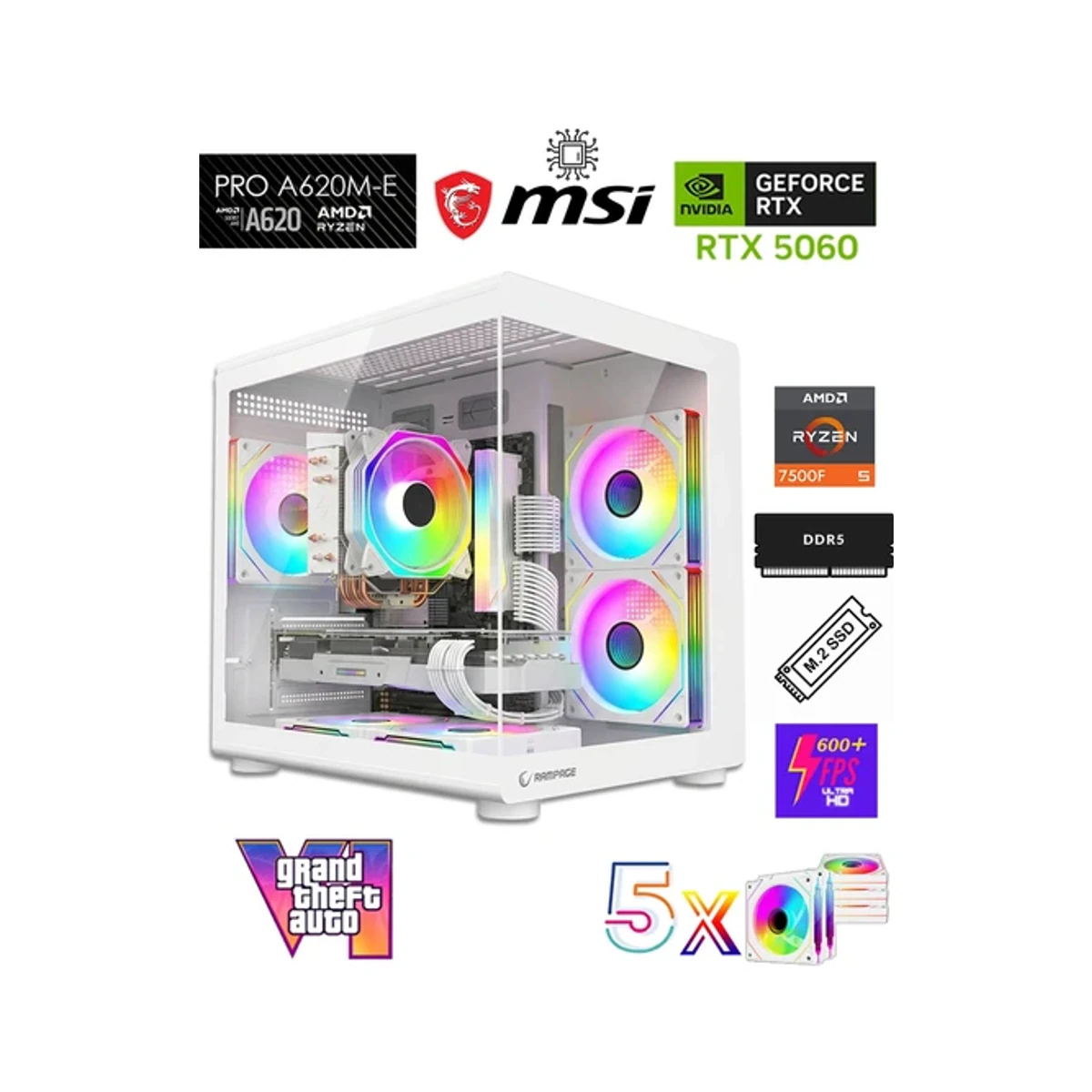 Zeiron Mini X50 AMD Ryzen 5 7500F-MSI A620M-B/Geforce RTX 5060 X2 ICE/512GB M.2/16GB DDR5 Beyaz-Oem Oyuncu Paket