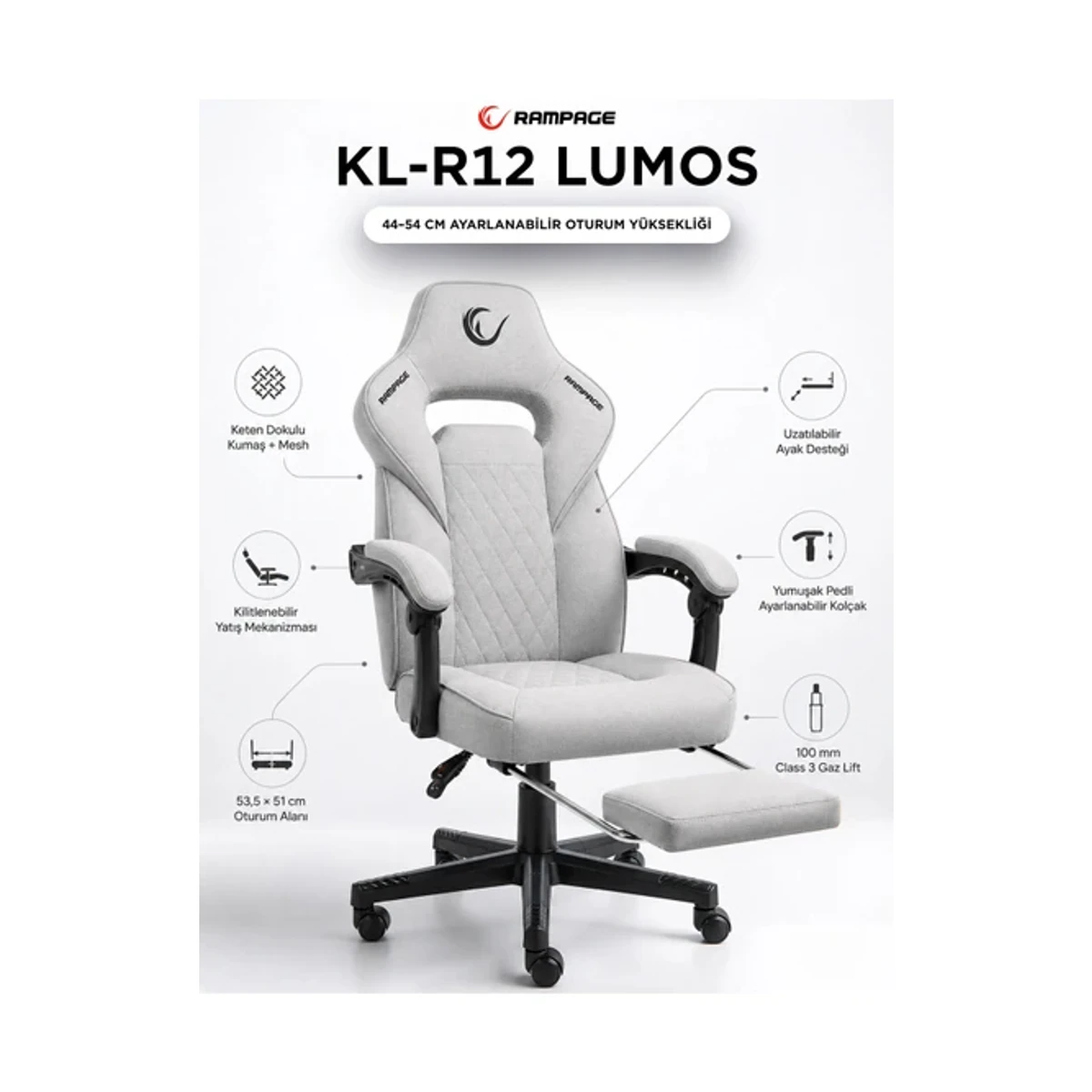 Rampage Lumos Terletmez Kumaş Ayak Destekli Gri Oyuncu Koltuğu